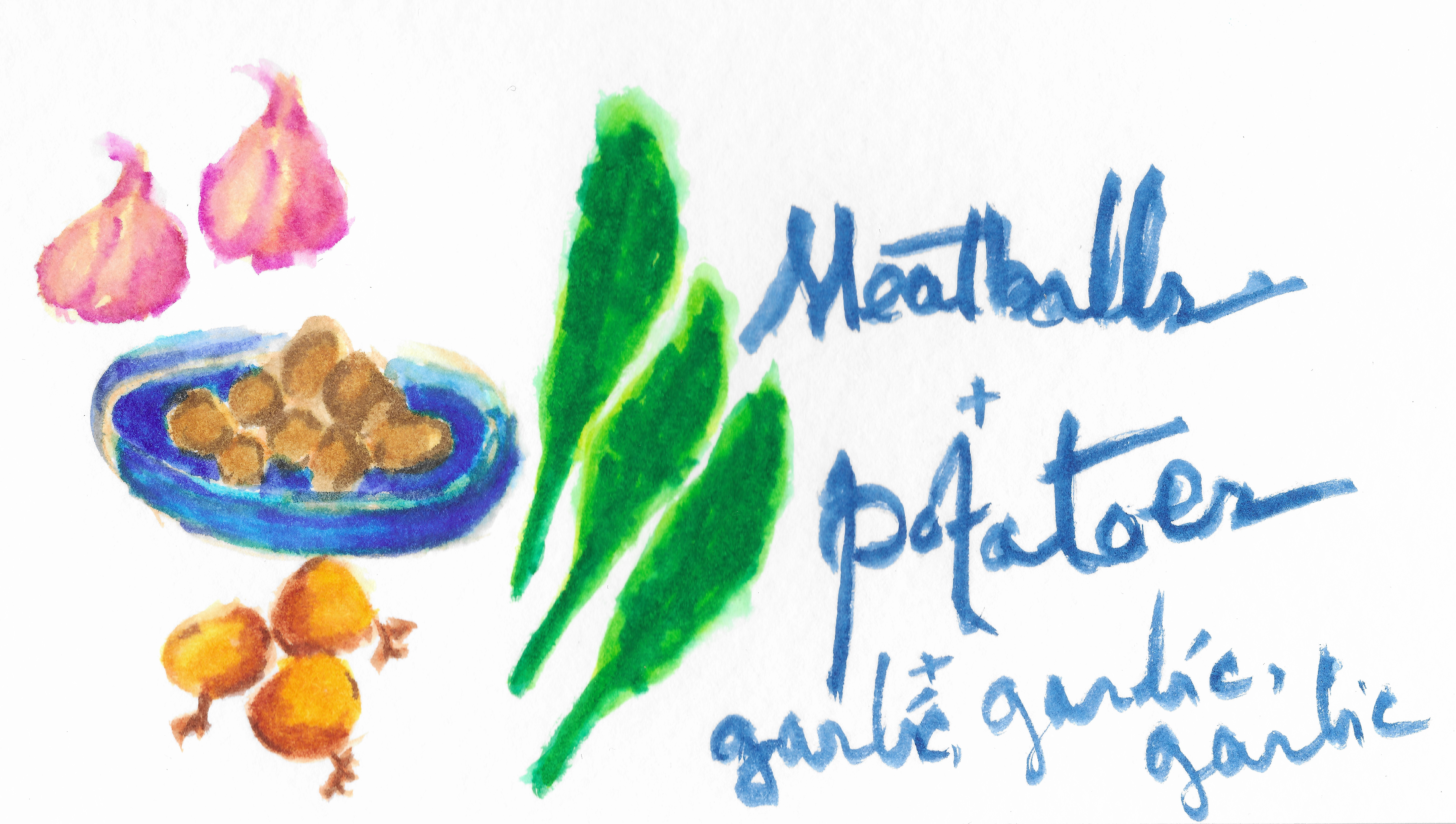 Garlic on Garlic Meatballs with Mashed Potatoes & Kale