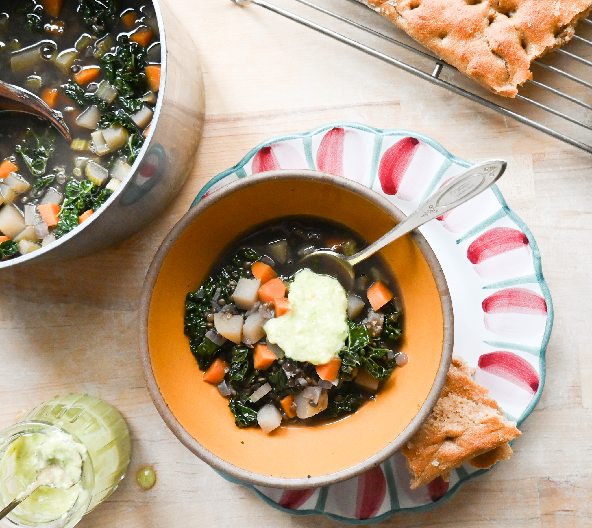Lentil Potato Soup with Ginger & Garlic Pistou